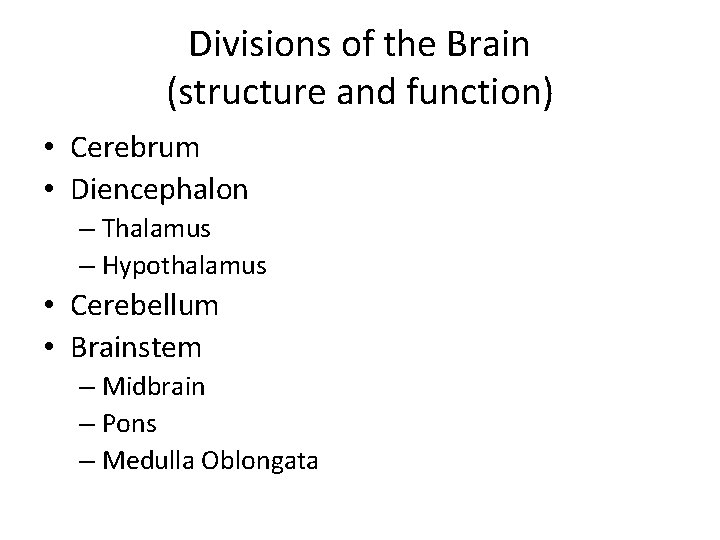Divisions of the Brain (structure and function) • Cerebrum • Diencephalon – Thalamus –