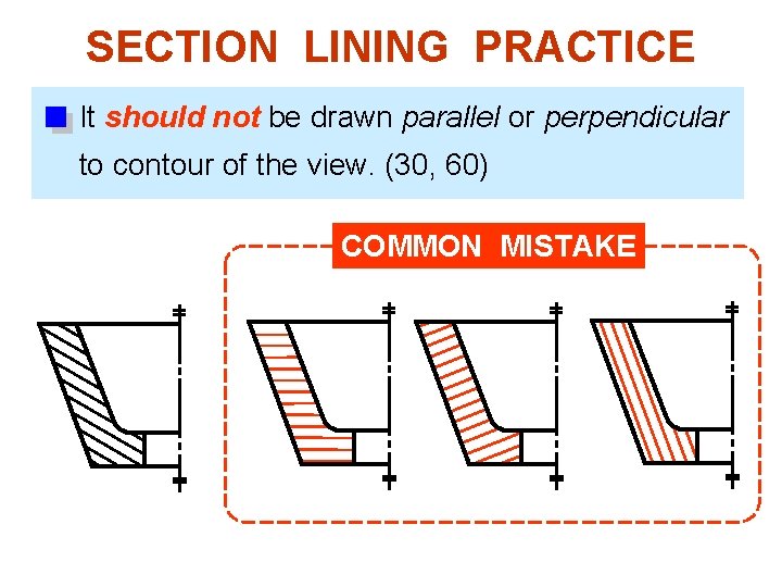 SECTION LINING PRACTICE It should not be drawn parallel or perpendicular to contour of