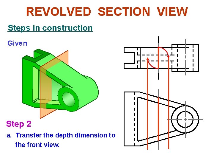 REVOLVED SECTION VIEW Steps in construction Given Step 2 a. Transfer the depth dimension