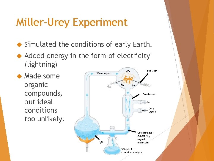 Miller-Urey Experiment Simulated the conditions of early Earth. Added energy in the form of