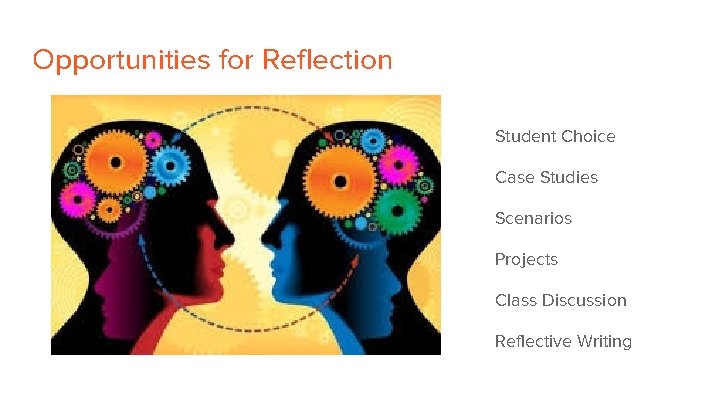 Opportunities for Reflection Student Choice Case Studies Scenarios Projects Class Discussion Reflective Writing 