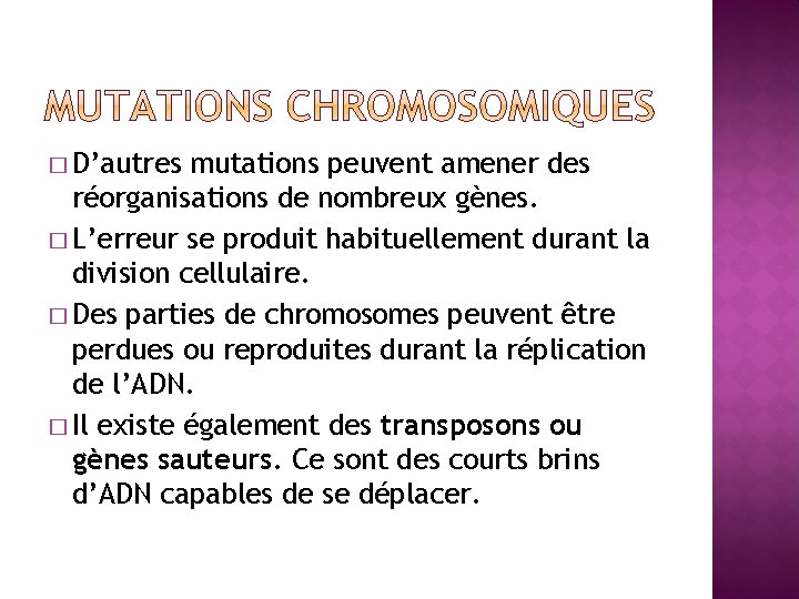 � D’autres mutations peuvent amener des réorganisations de nombreux gènes. � L’erreur se produit