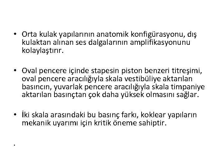  • Orta kulak yapılarının anatomik konfigürasyonu, dış kulaktan alınan ses dalgalarının amplifikasyonunu kolaylaştırır.