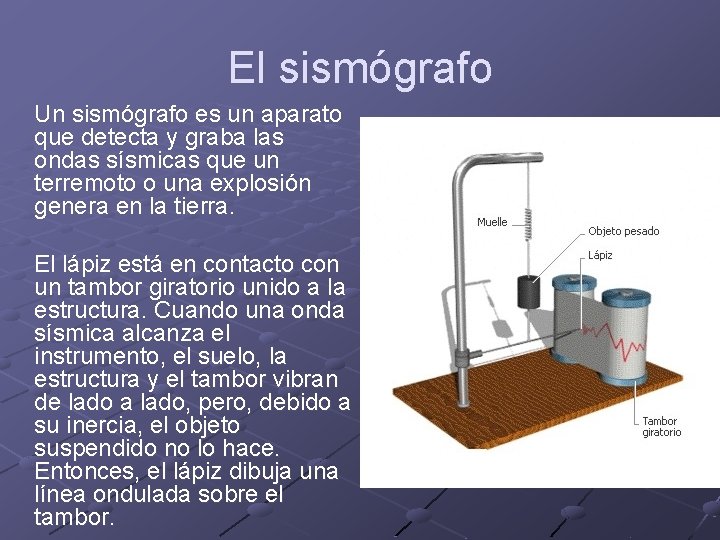 El sismógrafo Un sismógrafo es un aparato que detecta y graba las ondas sísmicas