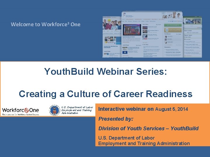 Welcome to Workforce 3 One Youth. Build Webinar Series: Creating a Culture of Career