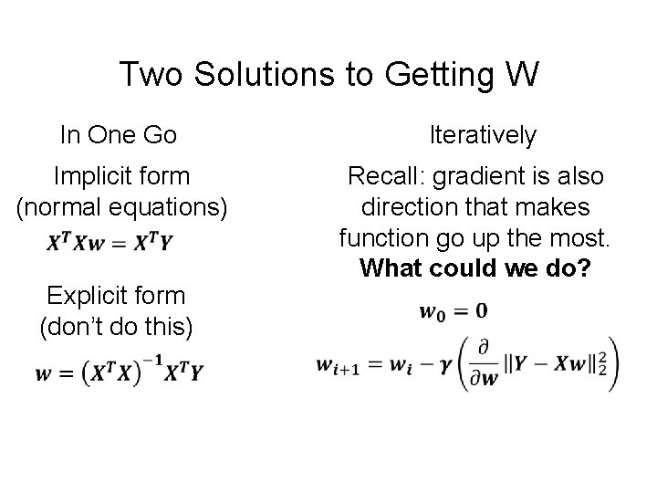Two Solutions to Getting W In One Go Iteratively Implicit form (normal equations) Recall: