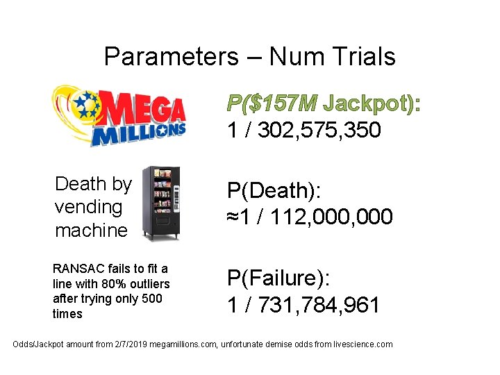 Parameters – Num Trials P($157 M Jackpot): 1 / 302, 575, 350 Death by