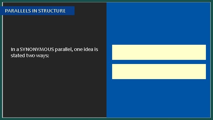 PARALLELS IN STRUCTURE In a SYNONYMOUS parallel, one idea is presented two complementary ways: PARALLELS IN STRUCTURE In a SYNONYMOUS parallel, one idea is presented two complementary ways: