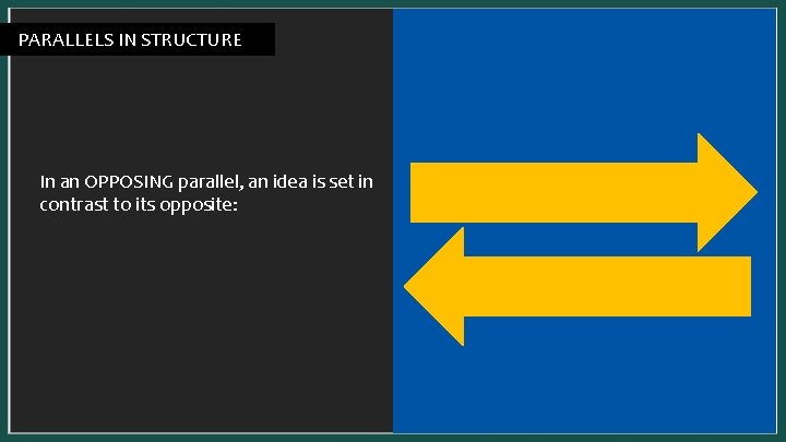 PARALLELS IN STRUCTURE In a SYNONYMOUS parallel, one idea is presented two complementary ways: PARALLELS IN STRUCTURE In a SYNONYMOUS parallel, one idea is presented two complementary ways: