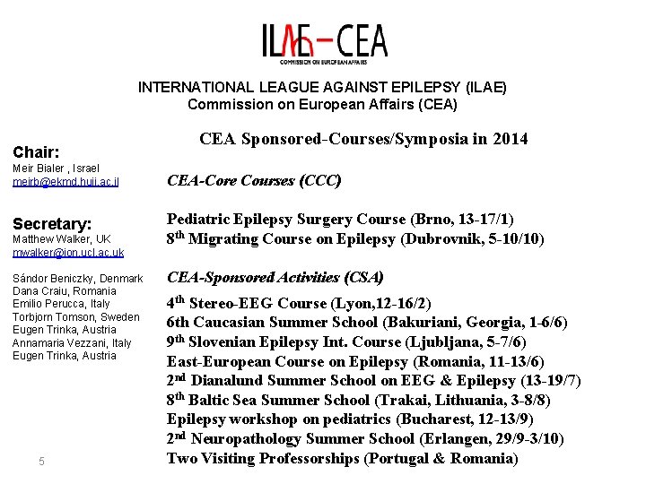 INTERNATIONAL LEAGUE AGAINST EPILEPSY (ILAE) Commission on European Affairs (CEA) Chair: CEA Sponsored-Courses/Symposia in