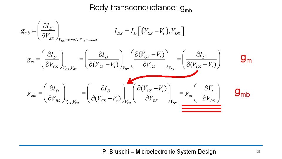 Body transconductance: gmb gm gmb P. Bruschi – Microelectronic System Design 21 