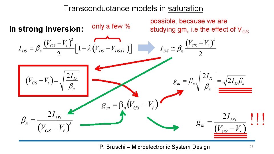 Transconductance models in saturation In strong Inversion: only a few % possible, because we