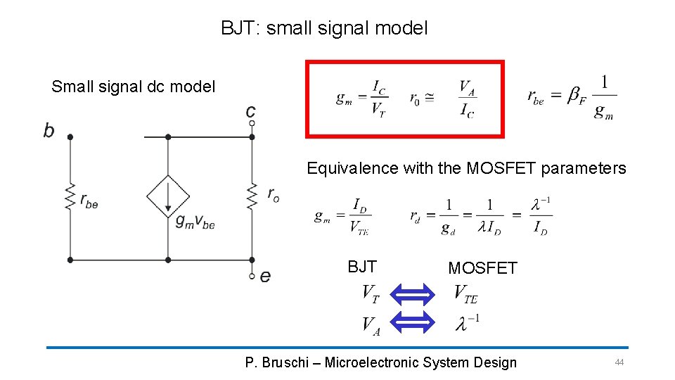 BJT: small signal model Small signal dc model Equivalence with the MOSFET parameters BJT