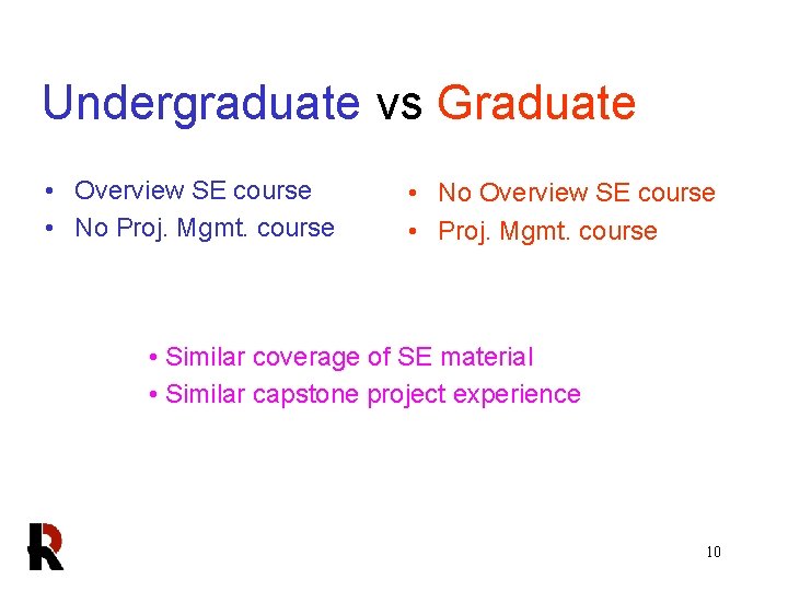 Undergraduate vs Graduate • Overview SE course • No Proj. Mgmt. course • No