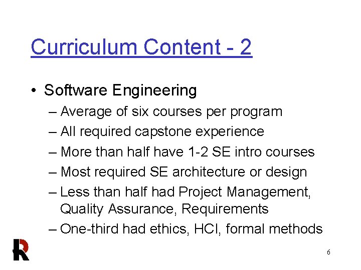Curriculum Content - 2 • Software Engineering – Average of six courses per program
