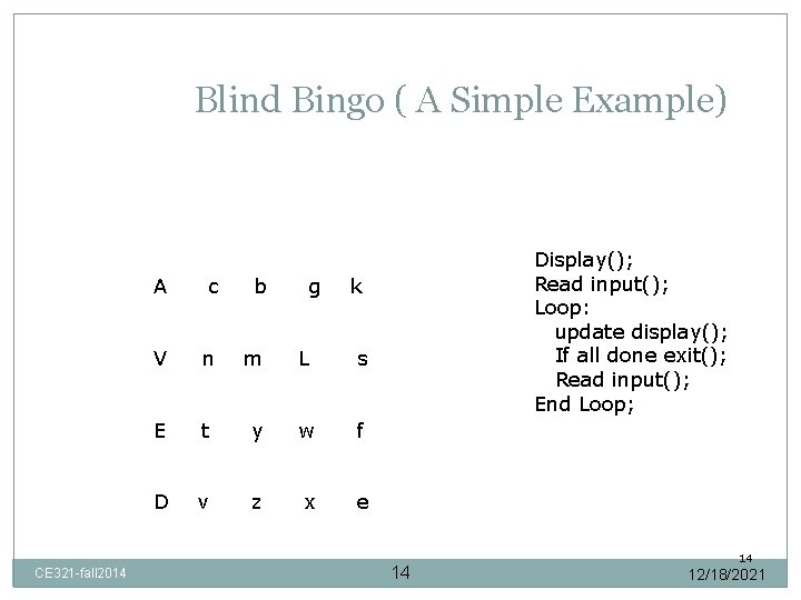 Blind Bingo ( A Simple Example) CE 321 -fall 2014 A c b g