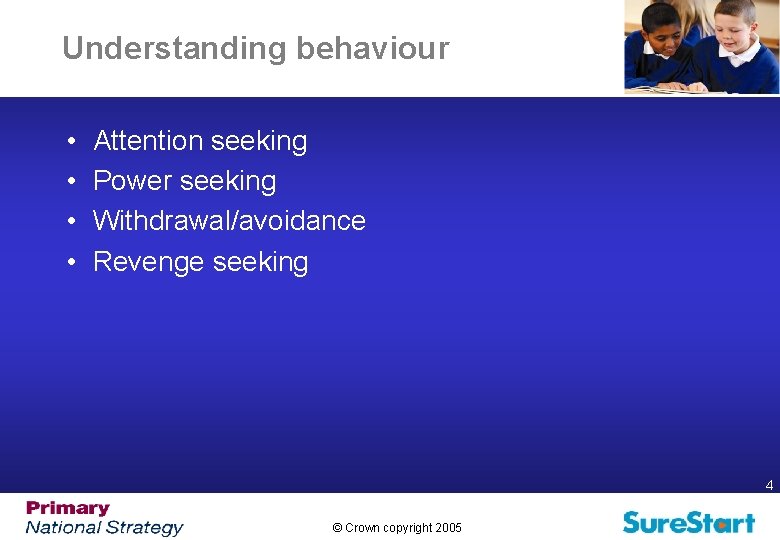 Understanding behaviour • • Attention seeking Power seeking Withdrawal/avoidance Revenge seeking 4 © Crown