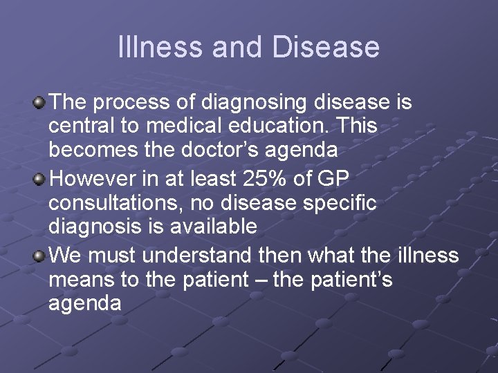 Illness and Disease The process of diagnosing disease is central to medical education. This