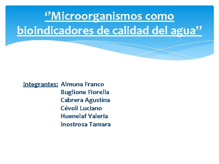 ‘’Microorganismos como bioindicadores de calidad del agua’’ Integrantes: Almuna Franco Buglione Fiorella Cabrera Agustina