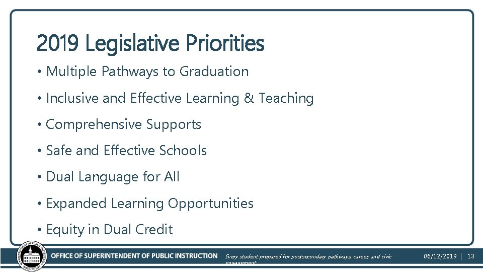 2019 Legislative Priorities • Multiple Pathways to Graduation • Inclusive and Effective Learning &