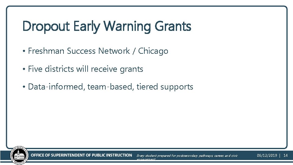 Dropout Early Warning Grants • Freshman Success Network / Chicago • Five districts will