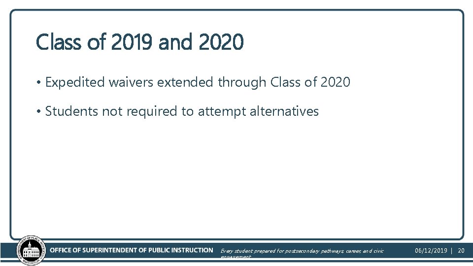 Class of 2019 and 2020 • Expedited waivers extended through Class of 2020 •