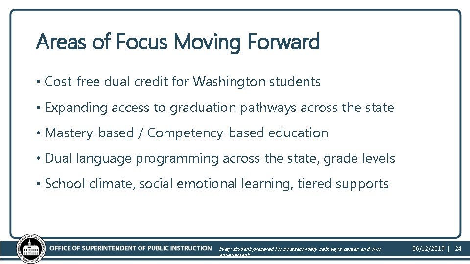 Areas of Focus Moving Forward • Cost-free dual credit for Washington students • Expanding