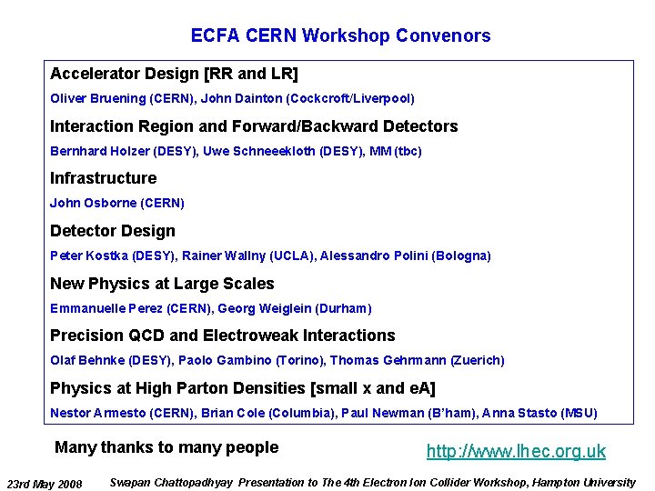 ECFA CERN Workshop Convenors Accelerator Design [RR and LR] Oliver Bruening (CERN), John Dainton