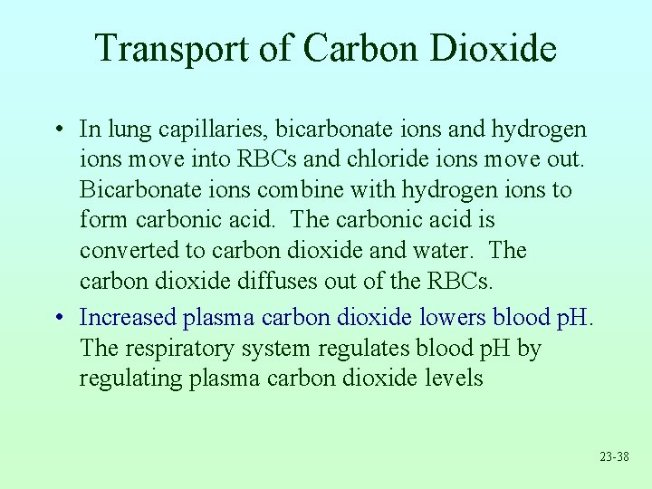 Transport of Carbon Dioxide • In lung capillaries, bicarbonate ions and hydrogen ions move