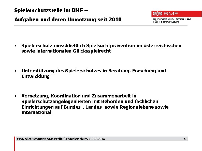 Spielerschutzstelle im BMF – Aufgaben und deren Umsetzung seit 2010 • Spielerschutz einschließlich Spielsuchtprävention