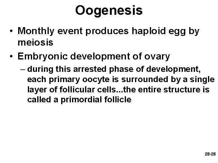 Oogenesis • Monthly event produces haploid egg by meiosis • Embryonic development of ovary Oogenesis • Monthly event produces haploid egg by meiosis • Embryonic development of ovary