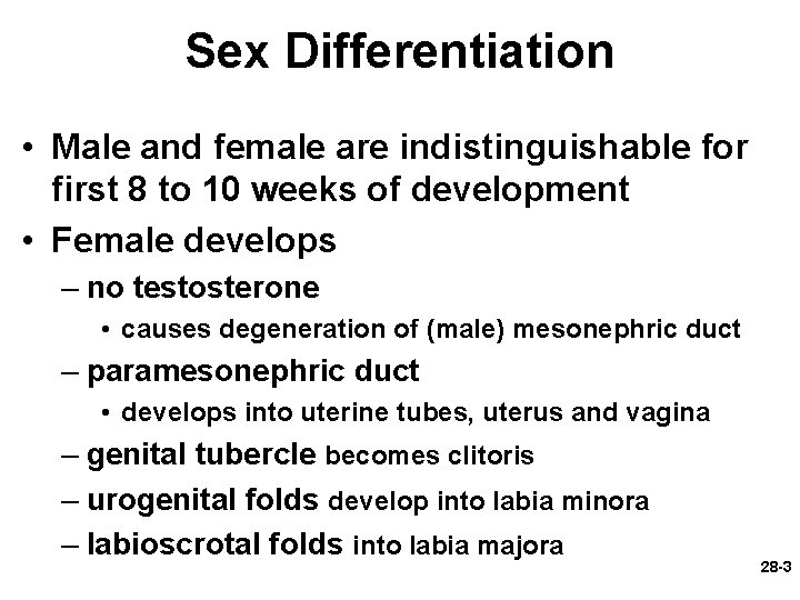 Sex Differentiation • Male and female are indistinguishable for first 8 to 10 weeks Sex Differentiation • Male and female are indistinguishable for first 8 to 10 weeks
