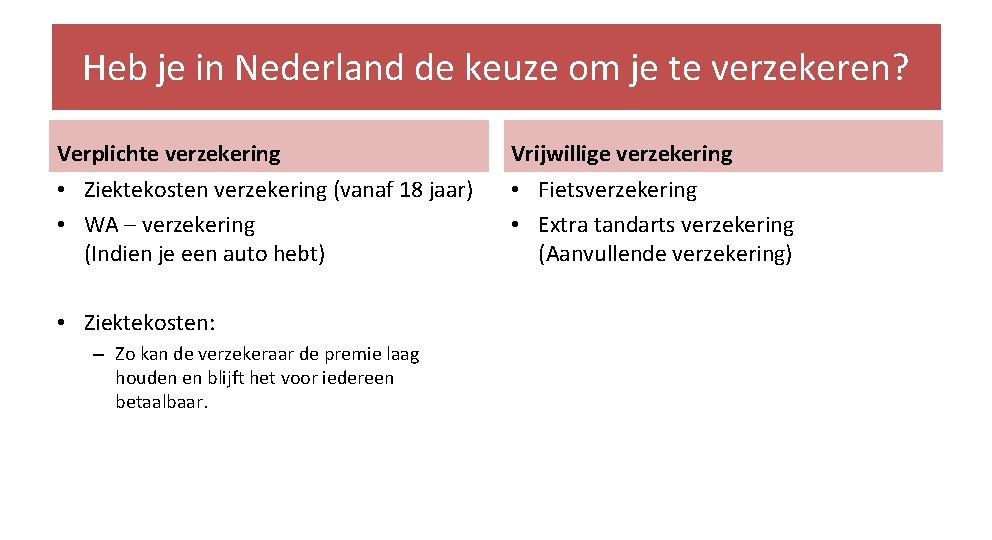 Heb je in Nederland de keuze om je te verzekeren? Verplichte verzekering Vrijwillige verzekering