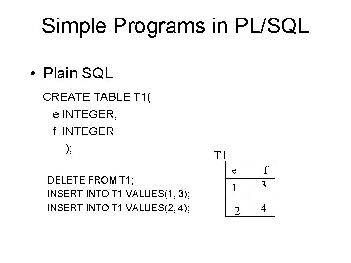 Simple Programs in PL/SQL • Plain SQL CREATE TABLE T 1( e INTEGER, f