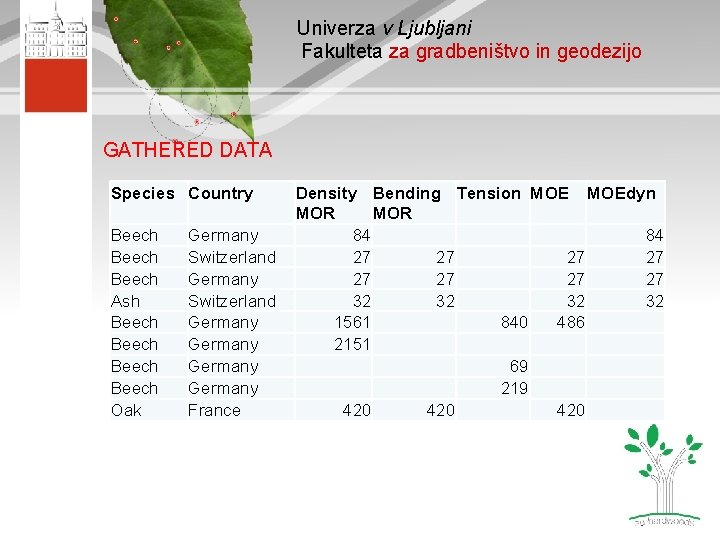 Univerza v Ljubljani Fakulteta za gradbeništvo in geodezijo GATHERED DATA Species Country Beech Ash