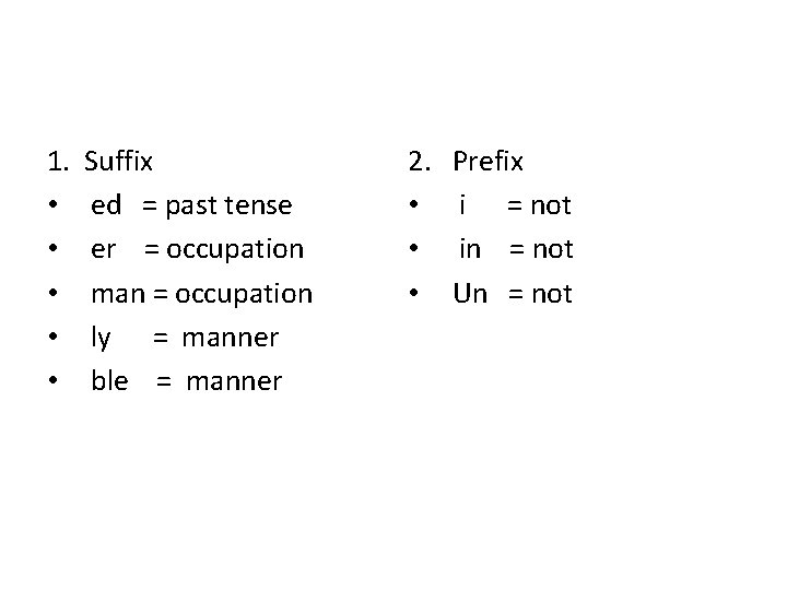 1. • • • Suffix ed = past tense er = occupation man =