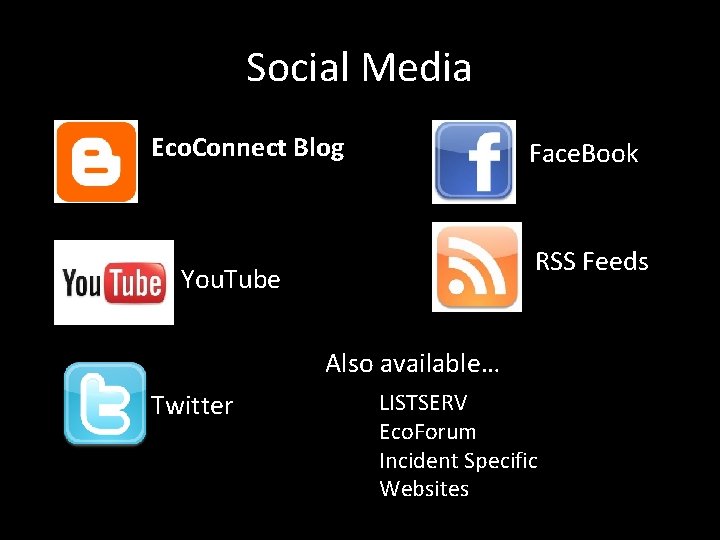 Social Media Eco. Connect Blog Face. Book RSS Feeds You. Tube Also available… Twitter