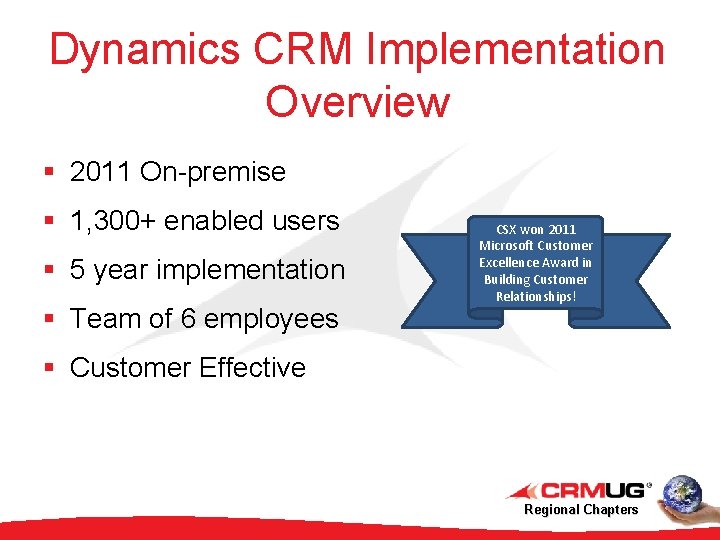 Dynamics CRM Implementation Overview § 2011 On-premise § 1, 300+ enabled users § 5