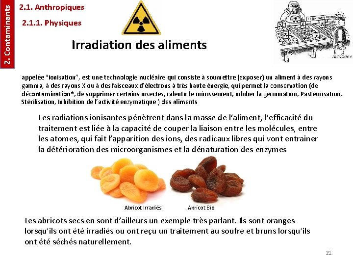 2. Contaminants 2. 1. Anthropiques 2. 1. 1. Physiques Irradiation des aliments appelée “ionisation”,