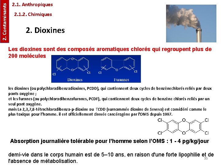 2. Contaminants 2. 1. Anthropiques 2. 1. 2. Chimiques 2. Dioxines Les dioxines sont