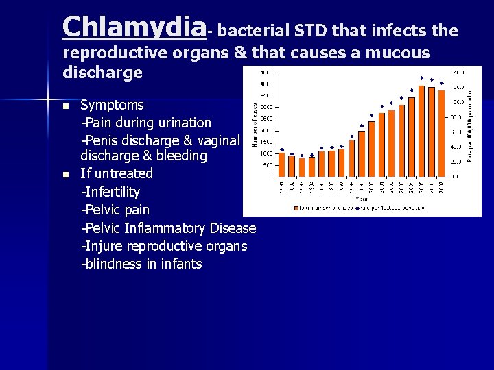 Chlamydia- bacterial STD that infects the reproductive organs & that causes a mucous discharge