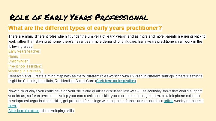 Role of Early Years Professional What are the different types of early years practitioner?