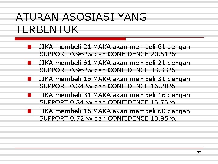 ATURAN ASOSIASI YANG TERBENTUK n n n JIKA membeli 21 MAKA akan membeli 61