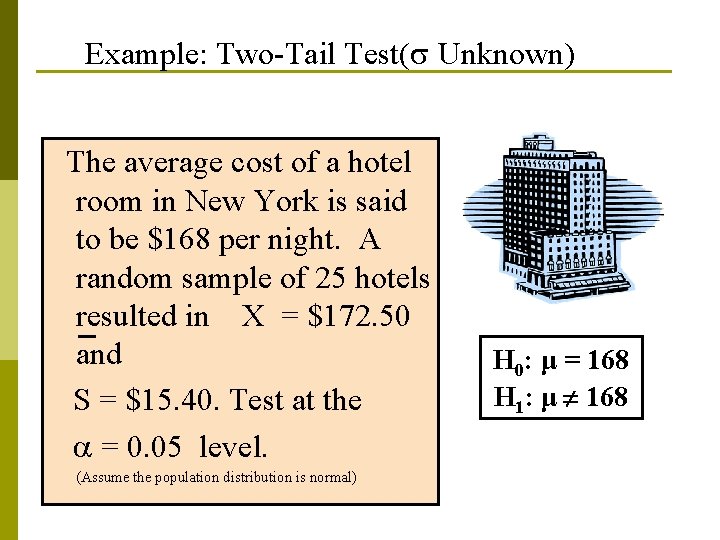 Example: Two-Tail Test( Unknown) The average cost of a hotel room in New York Example: Two-Tail Test( Unknown) The average cost of a hotel room in New York