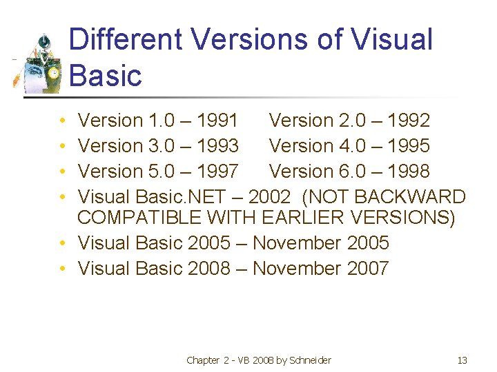 Different Versions of Visual Basic • • Version 1. 0 – 1991 Version 2.