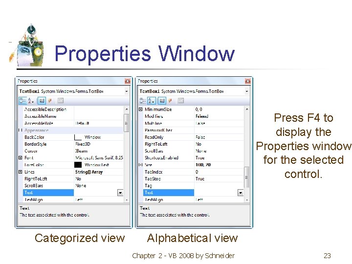 Properties Window Press F 4 to display the Properties window for the selected control.