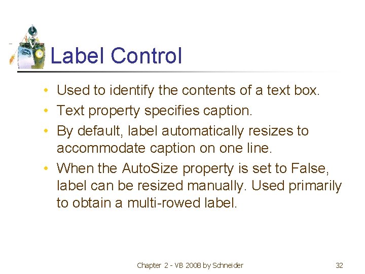 Label Control • Used to identify the contents of a text box. • Text