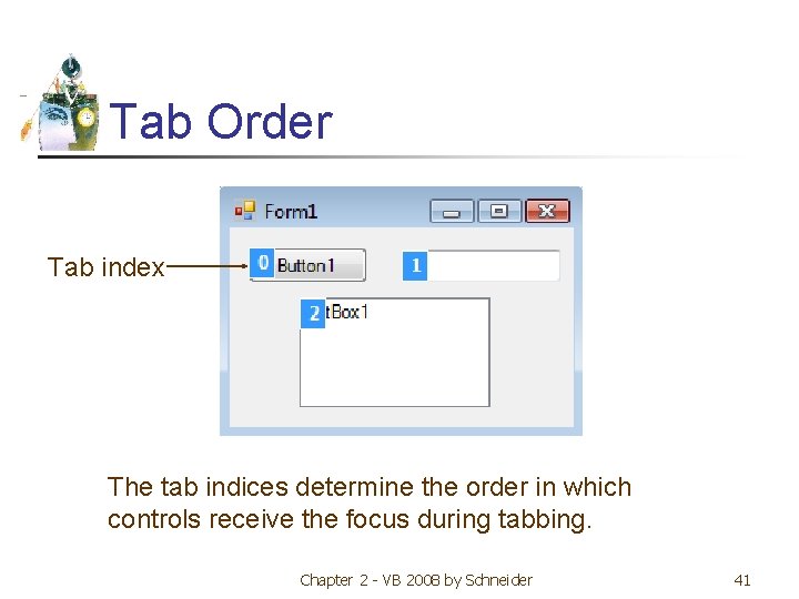Tab Order Tab index The tab indices determine the order in which controls receive