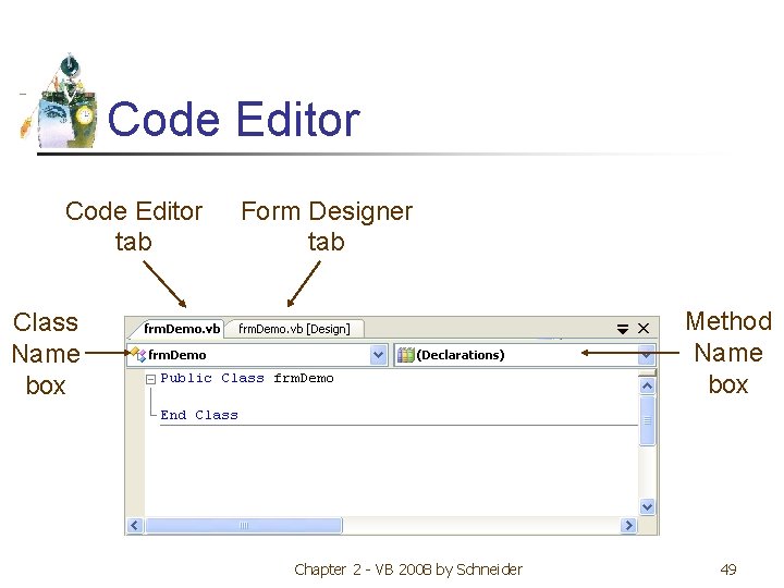 Code Editor tab Form Designer tab Method Name box Class Name box Chapter 2