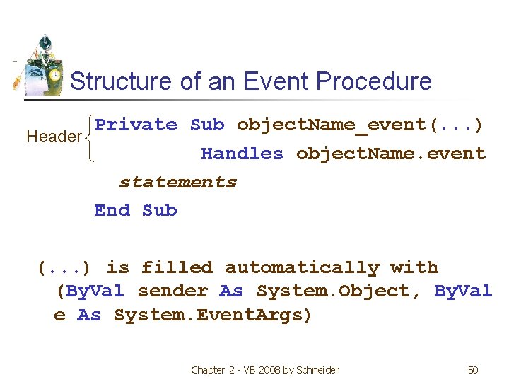 Structure of an Event Procedure Private Sub object. Name_event(. . . ) Header Handles